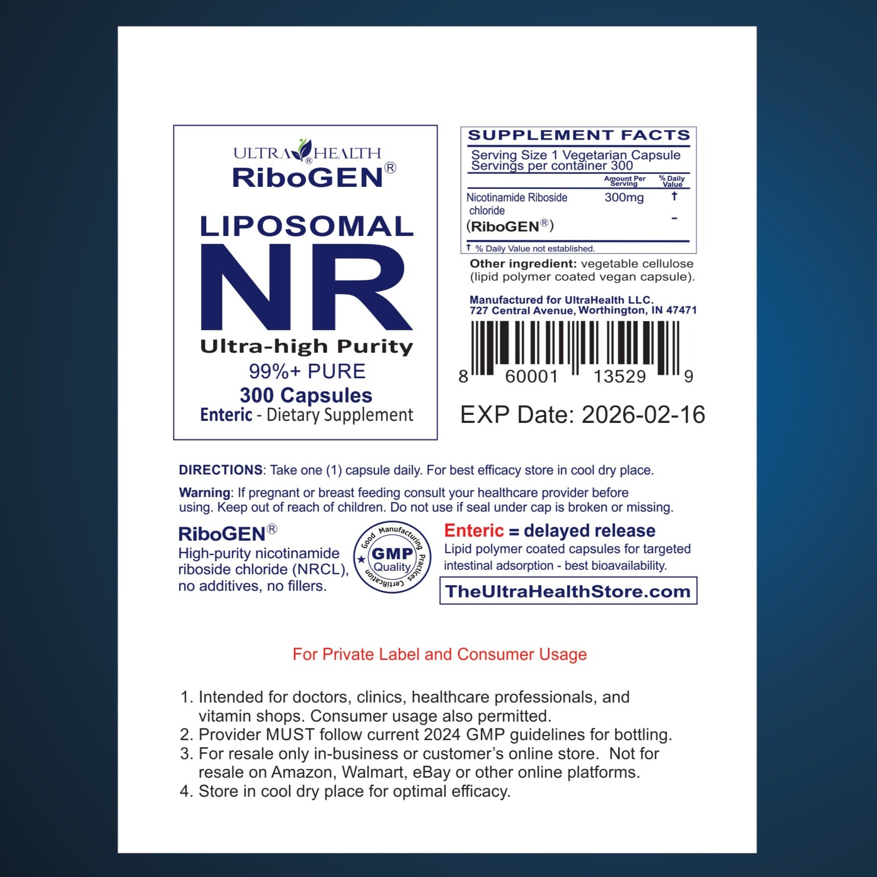 NR 300C INTL ENTERIC (300 capsules), Nicotinamide Riboside (100% RiboGEN) 300mg Vegetarian Capsules for Private Label Supplements